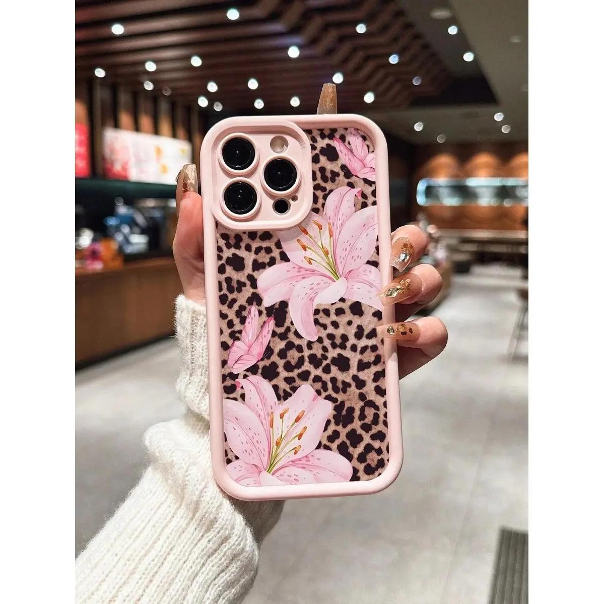 Matte Silicone+ Smartphone Protector Case, Cute Pink Lily & Leopard Print Ph phone case, view 1