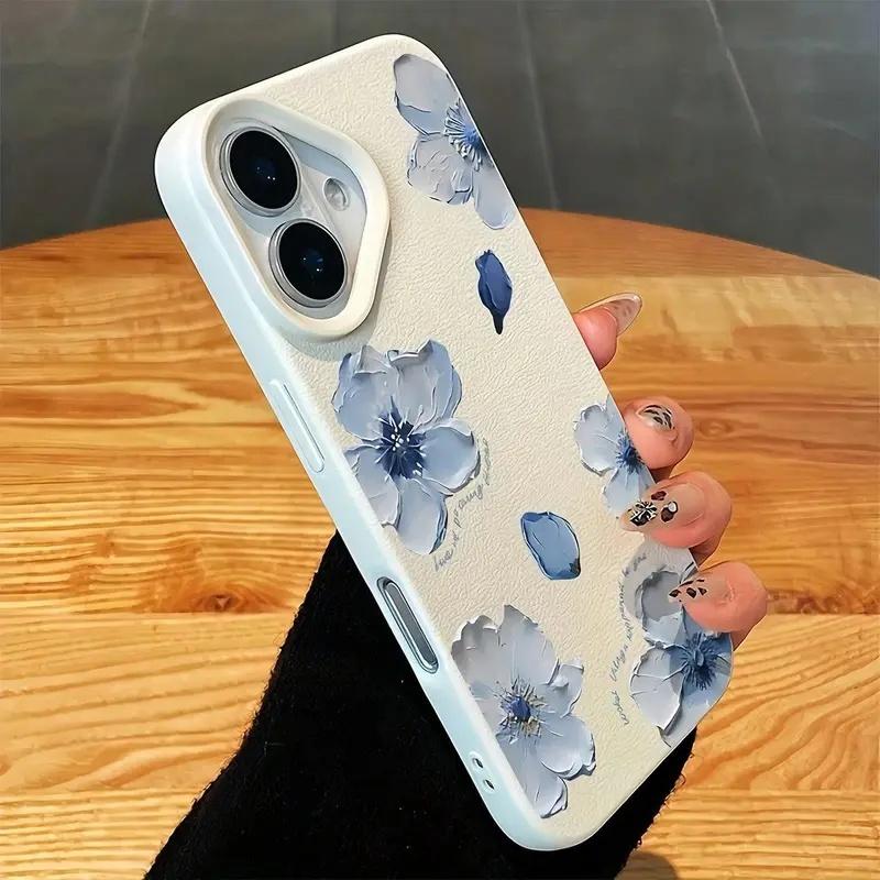 Blue Floral Flower Design White Leather Texture phone case, view 1