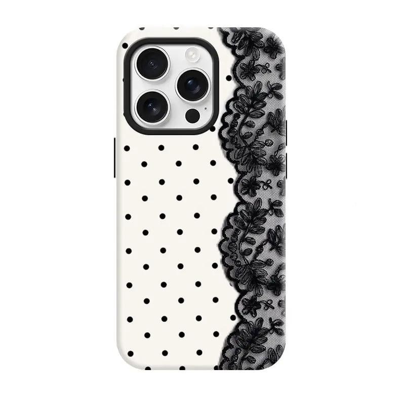 Polka Dots & Lace Splicing Anti-Slip Scratch Resistant 2-In-1 Korean Glossy phone case, view 1
