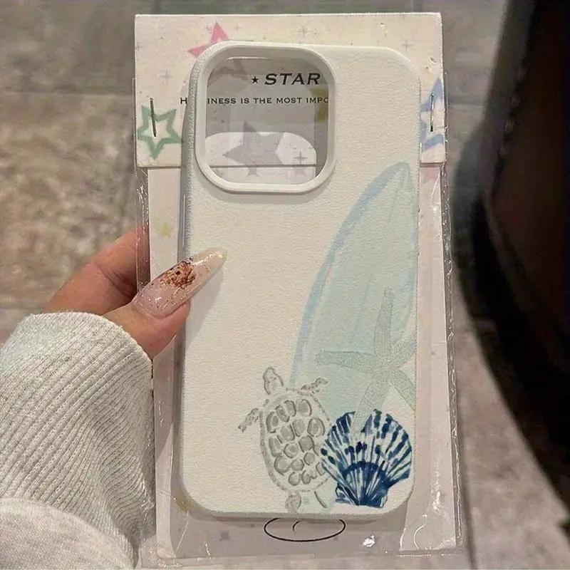 Antique White Leather-Patterned Sea Turtle Ocean-Themed Smartphone - Thick F phone case, view 1