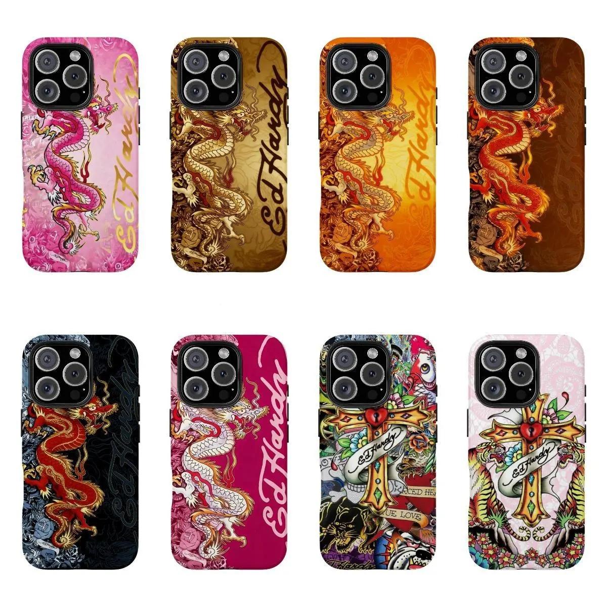 Vintage Dragon Skull-Leopard Tattoo-Tiger Hardy Collage Smartphone , Aesthet phone case, view 1
