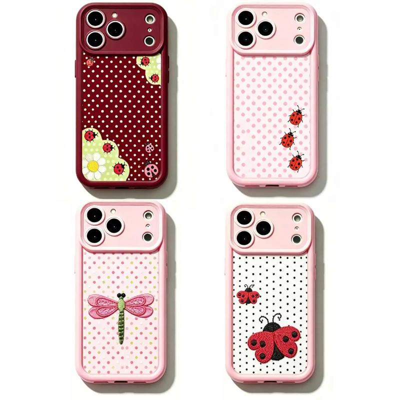 Pink and burgundy polka dot phone cases with ladybugs and floral details