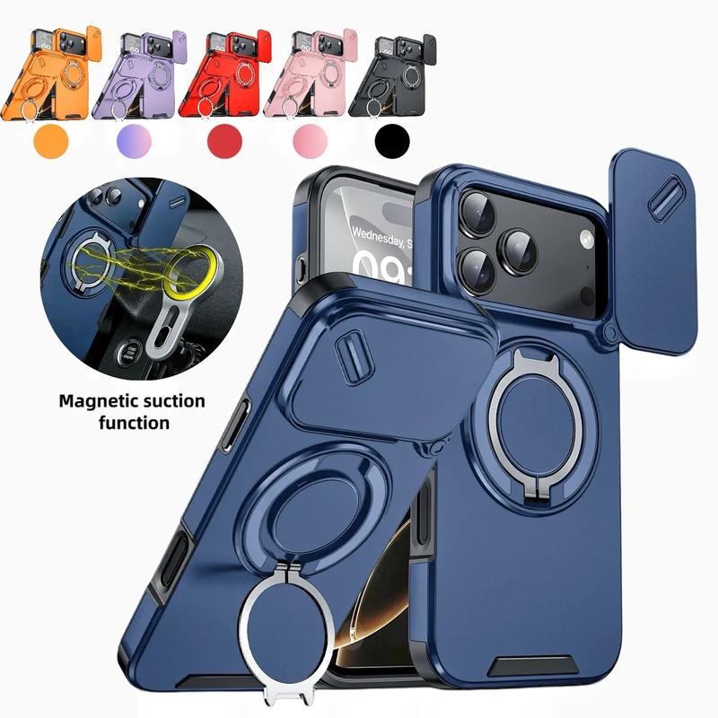 Navy protective phone case with sliding lens cover and rotating ring stand