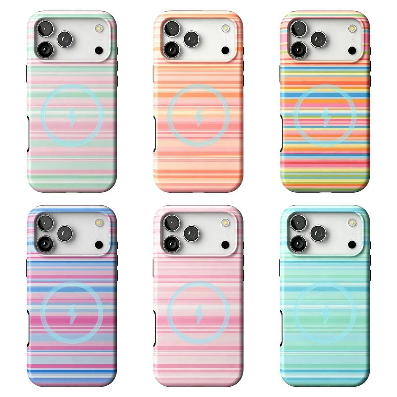 Six pastel and bright striped MagSafe phone cases