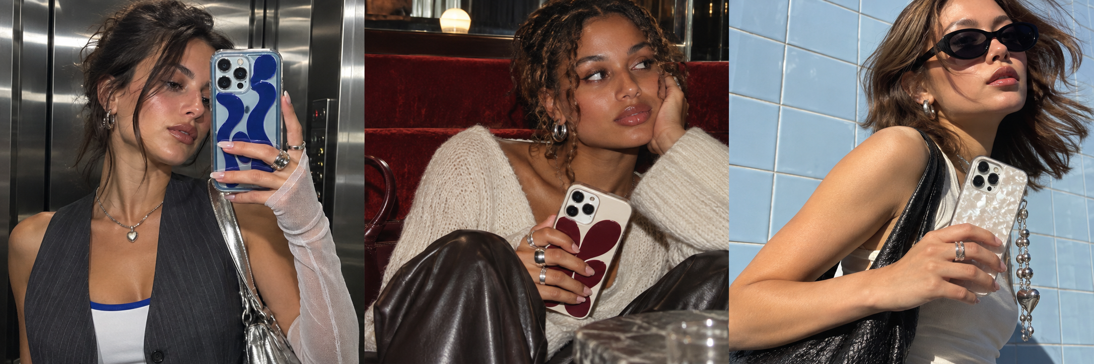 Model styling a cobalt graphic phone case with silver jewelry
